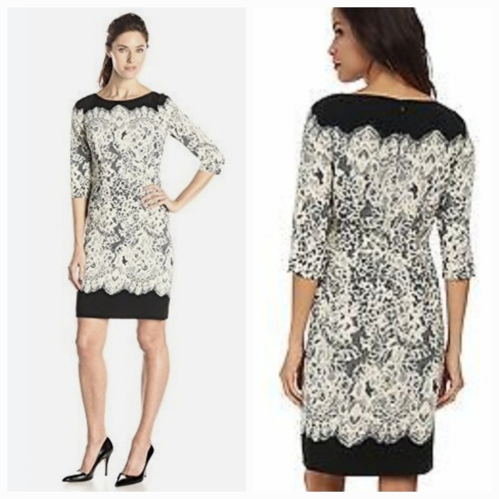 Adrianna Papell Black & White Lace Print Midi Dress